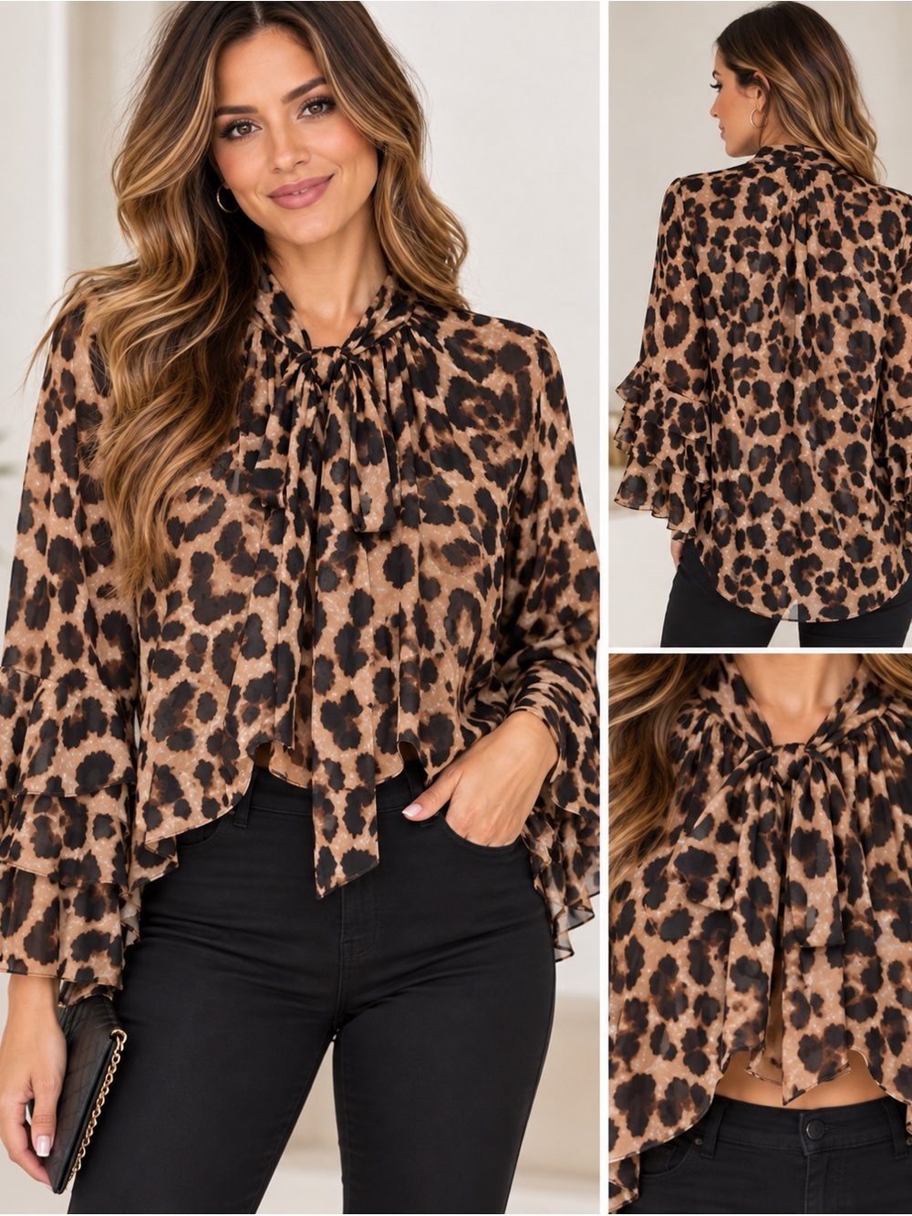 Leopard Print Tie-Neck Blouse - Brown Leopard